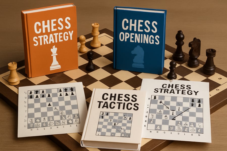 A digital chessboard with eBooks and strategy diagrams